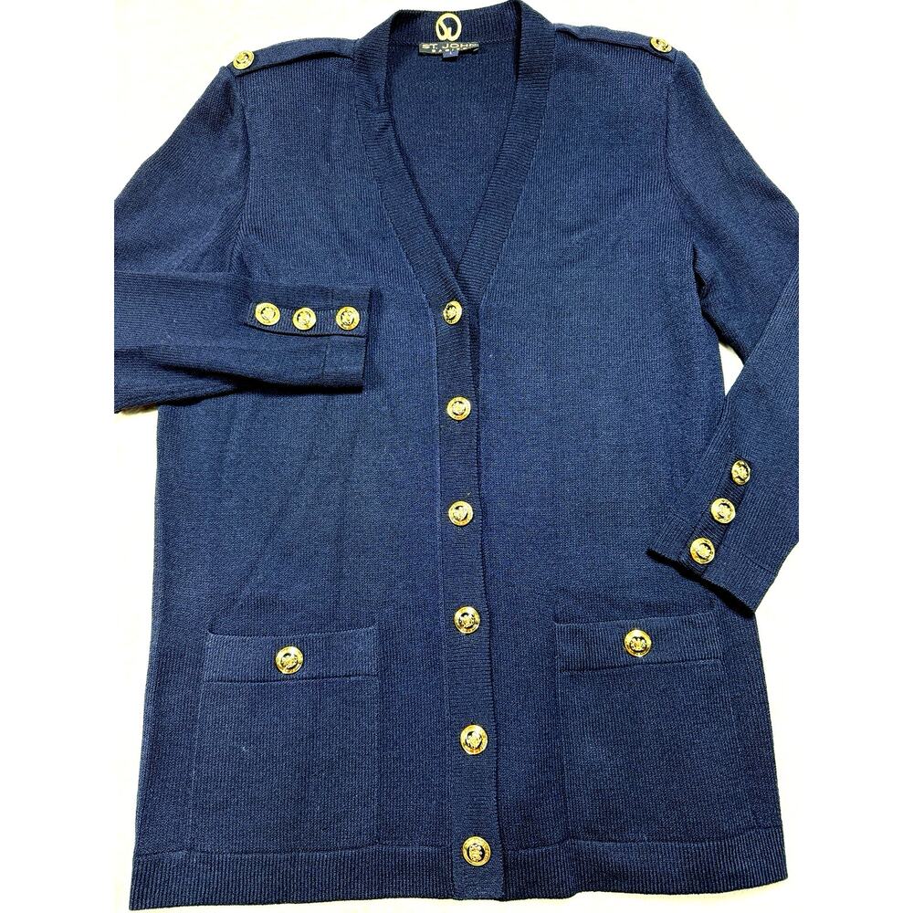 St John Basics Santana Knit Navy Blue Cardigan Old Money Luxe Coastal Core Sz L